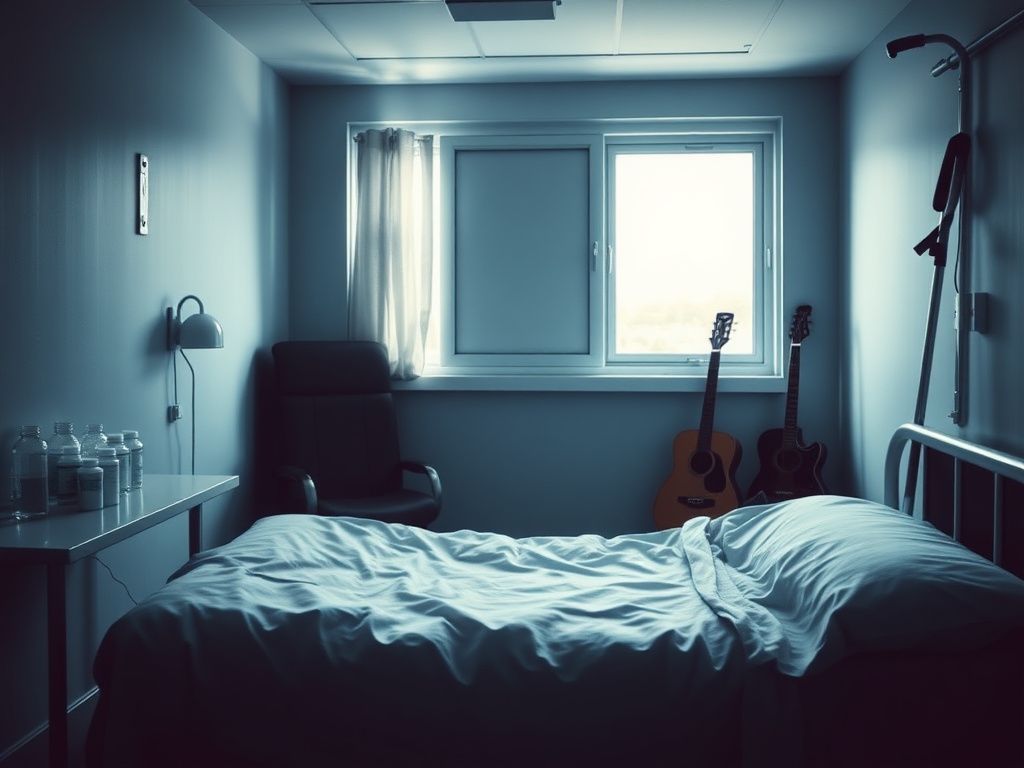 Flick International Hospital room depicting Phil Collins' health journey with medication and crutches