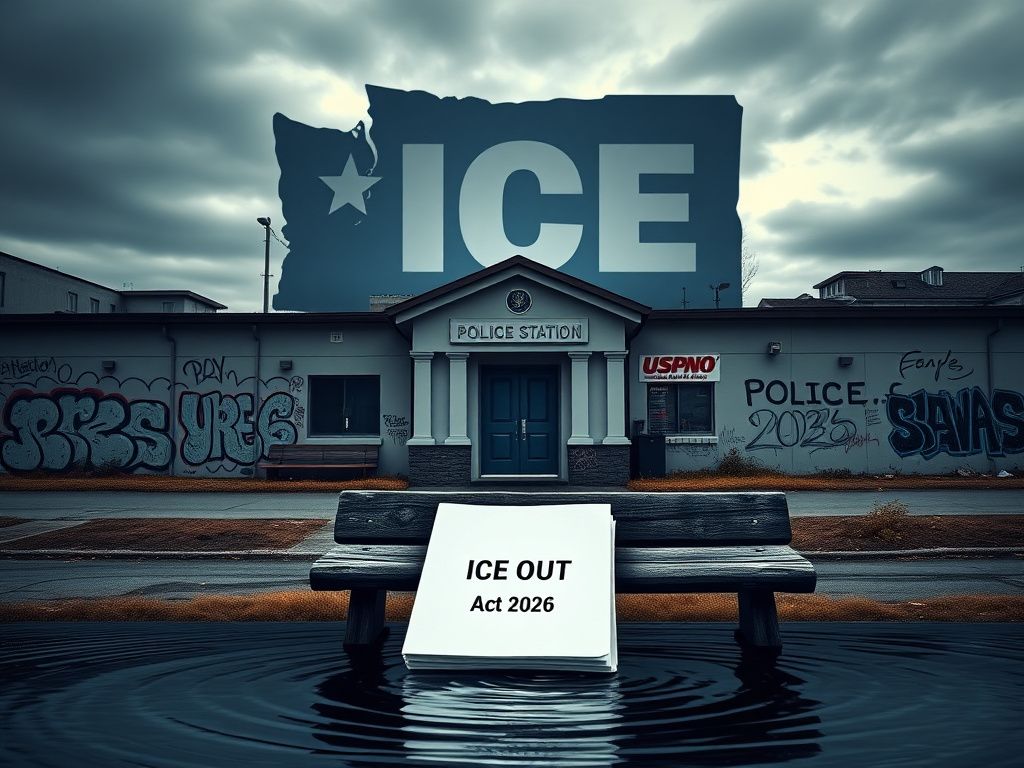 Flick International A Washington state police station with the ICE logo looming ominously over it