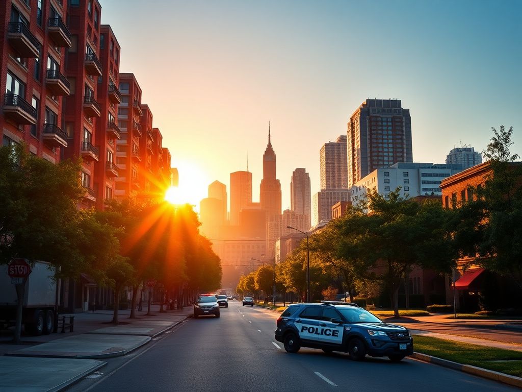 Flick International serene urban landscape at dawn with a vibrant skyline and peaceful street scene