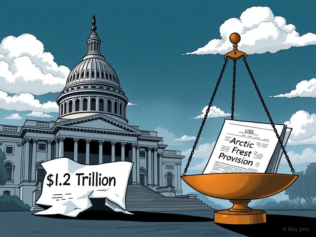 Flick International Conceptual illustration of the U.S. Capitol building symbolizing legislative process with a crumpled funding bill and scales of justice