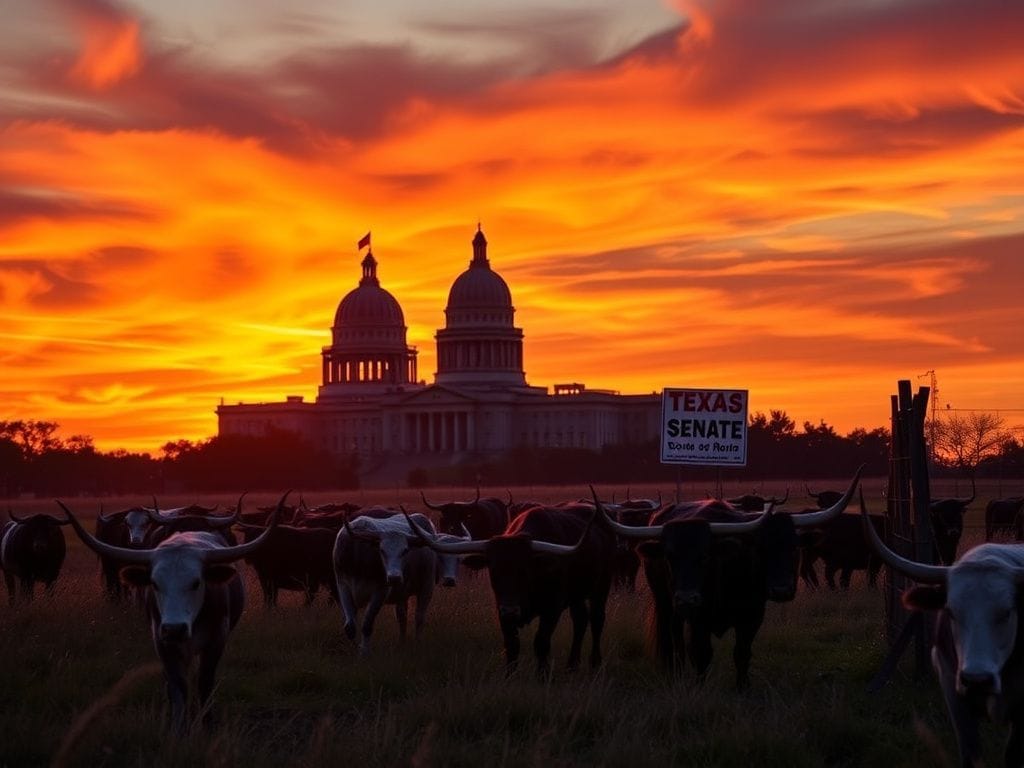 Flick International Texas landscape at dusk with longhorn cattle grazing and the Texas Capitol in the background