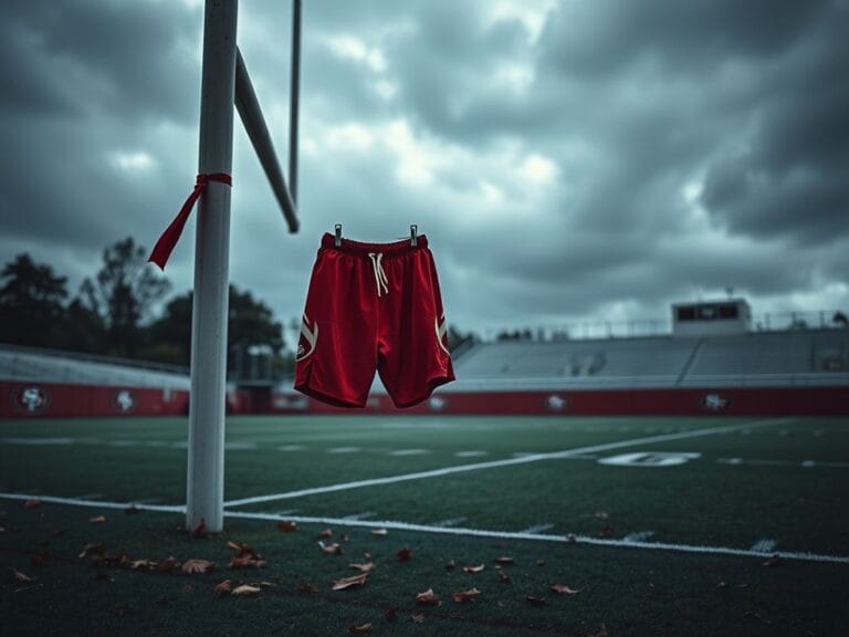 Flick International Abandoned red practice shorts on a goalpost at the 49ers' empty practice field