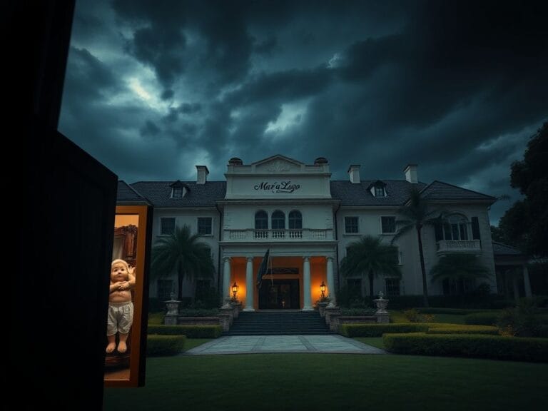 Flick International Exterior view of Mar-a-Lago with stormy skies and open door indicating search