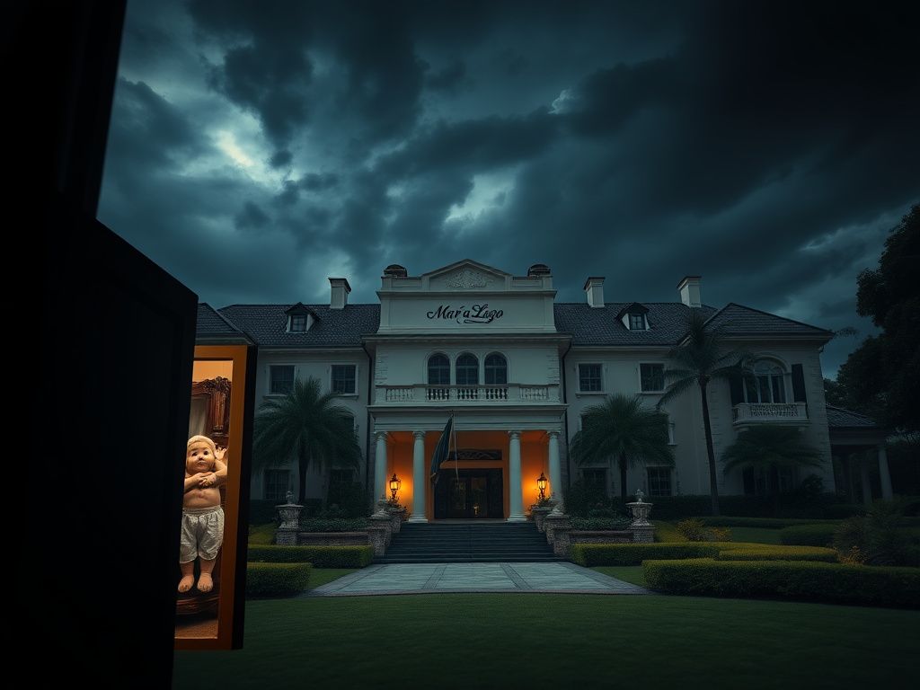 Flick International Exterior view of Mar-a-Lago with stormy skies and open door indicating search