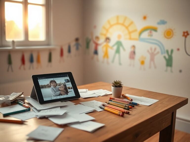 Flick International A serene setting depicting a softly lit room with art supplies and a social media tablet, symbolizing reflection