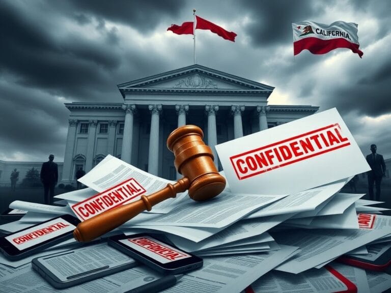 Flick International Dramatic scene of a California state government building with a gavel breaking through documents labeled 'Fraud Investigation'