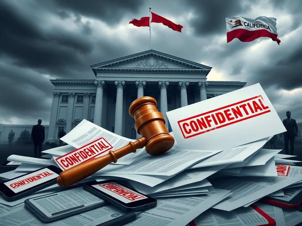 Flick International Dramatic scene of a California state government building with a gavel breaking through documents labeled 'Fraud Investigation'