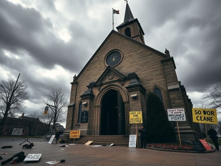 Flick International Exterior view of St. Paul's Cities Church with protest signs and police barricades