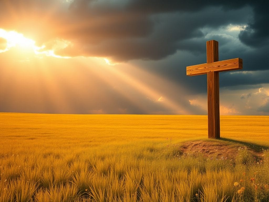 Flick International A serene landscape featuring a wooden cross in a golden field under a dramatic sky