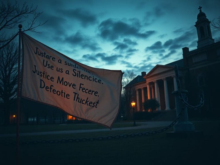 Flick International An empty college campus at dusk with a fluttering protest banner symbolizing silence on antisemitism