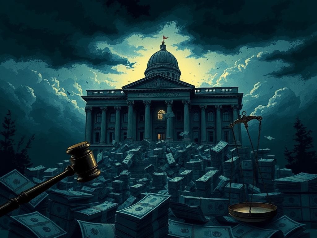 Flick International Illustration of a dilapidated government building burdened by oversized dollar bills and fraudulent paperwork