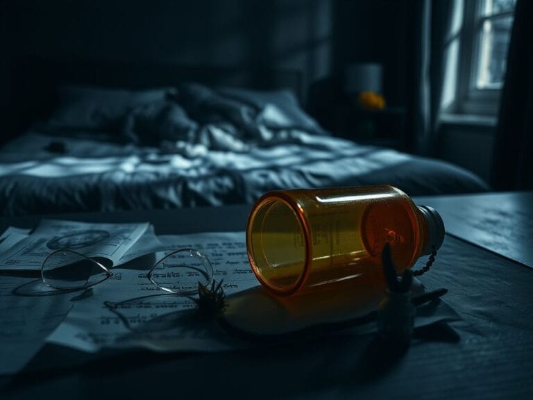 Flick International Close-up of a shadowy room with a prescription bottle and broken glasses, symbolizing despair