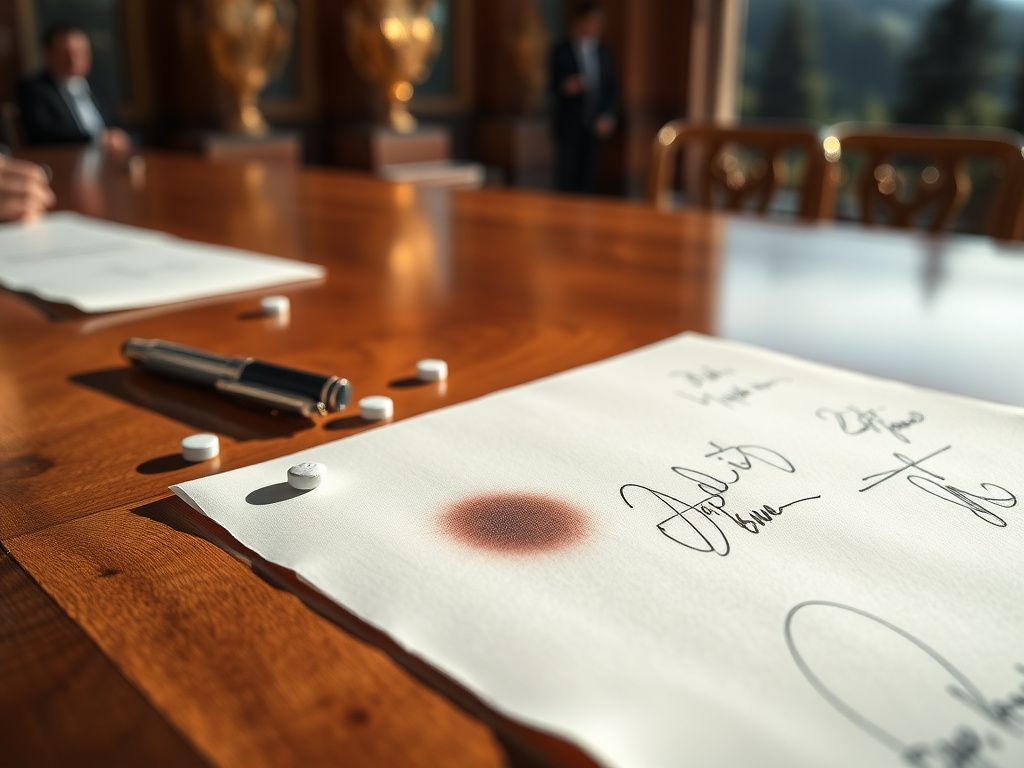 Flick International Close-up view of a polished wooden signing table featuring aspirin tablets and a hand bruise