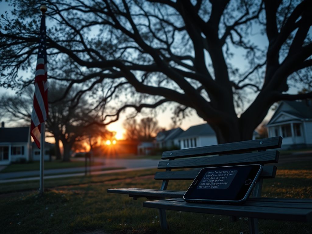 Flick International A peaceful park scene at dusk with an American flag and a smartphone on a bench
