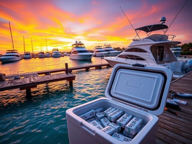 Flick International A serene marina scene in the Florida Keys at sunset with a cooler revealing packages of cocaine