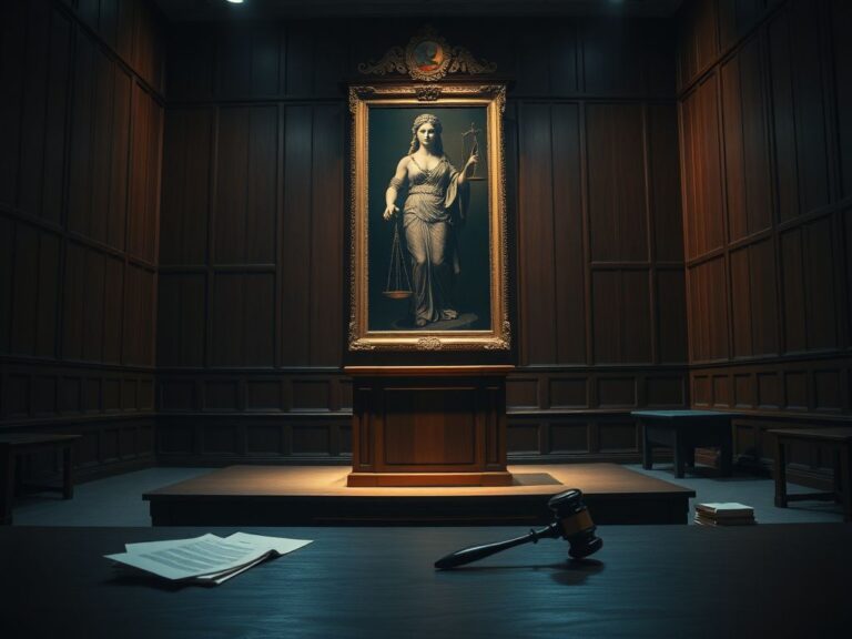 Flick International Dramatic courtroom scene with empty witness stand and spotlight