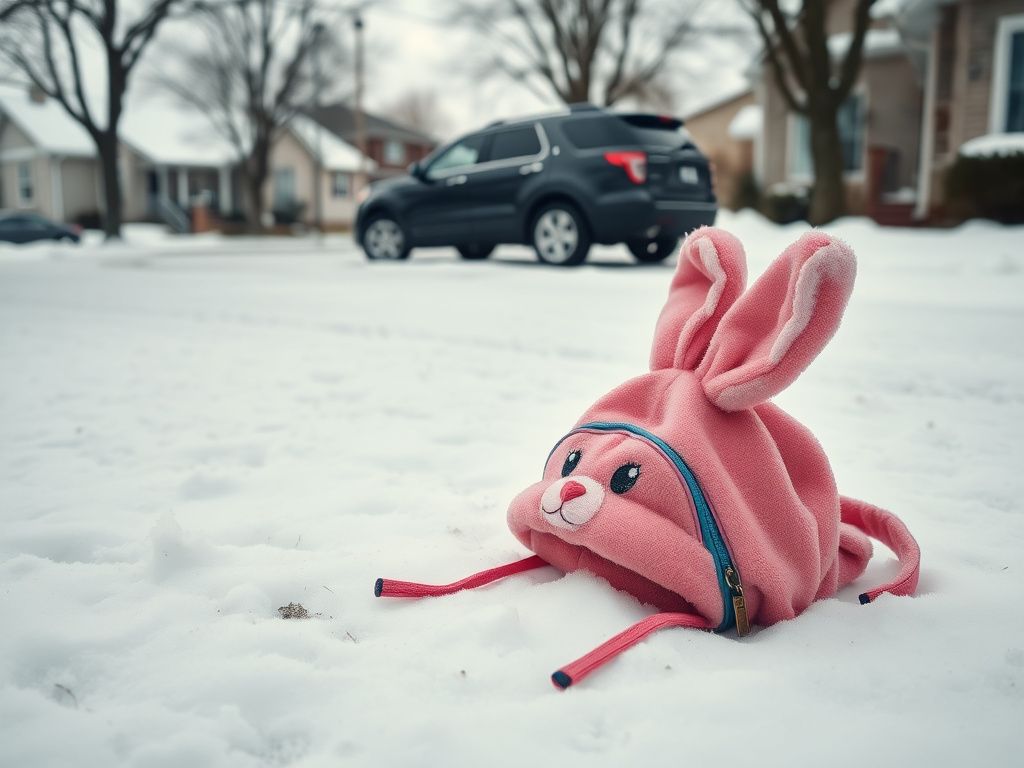 Flick International Colorful child's backpack abandoned in a winter suburban neighborhood
