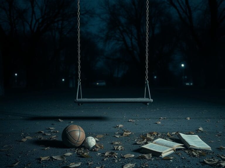 Flick International Empty swing in a dimly lit park symbolizing lost childhood
