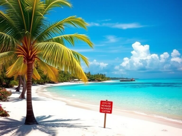 Flick International A tranquil beach scene in Jamaica with palm trees and an exercise caution sign