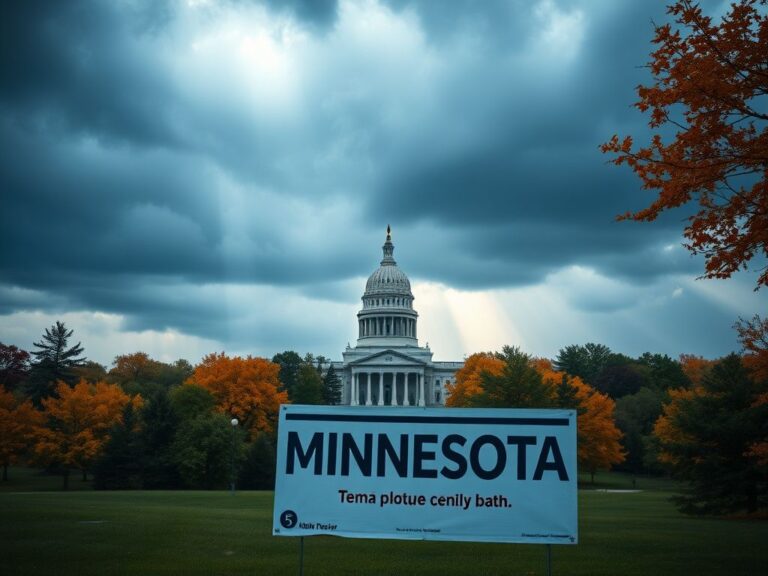Flick International Dramatic landscape of Minnesota's state capitol building in St. Paul surrounded by autumn trees