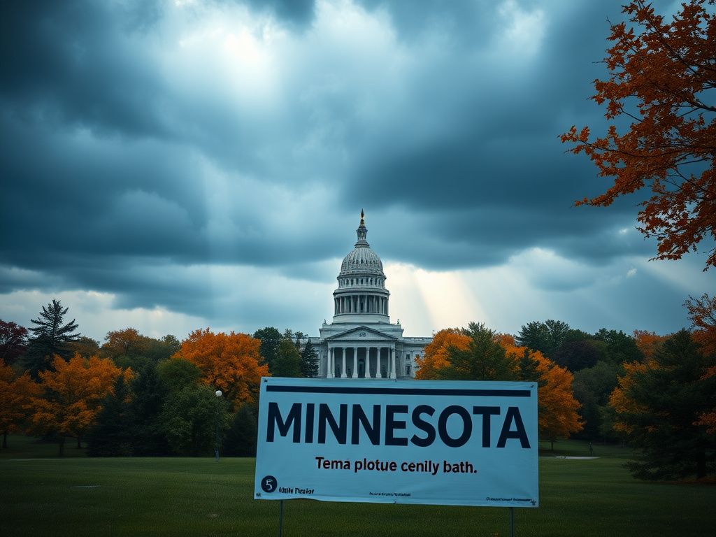 Flick International Dramatic landscape of Minnesota's state capitol building in St. Paul surrounded by autumn trees