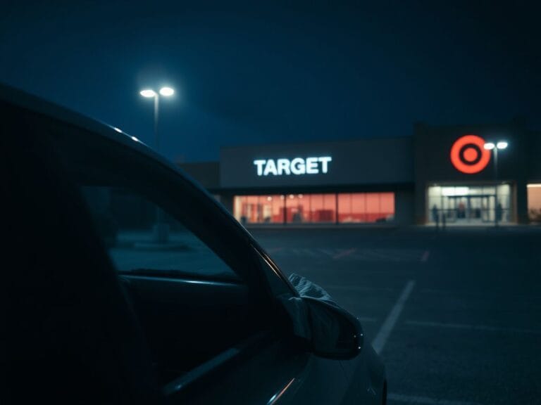 Flick International Dimly lit parking lot capturing unease with a parked car and Target store in the background