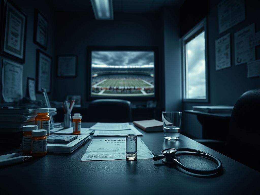 Flick International Dimly lit physician's office with prescription bottles and a ketamine vial