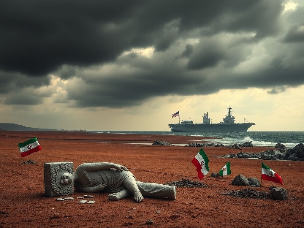 Flick International A shattered Persian statue amidst a barren landscape indicating tension between the U.S. and Iran