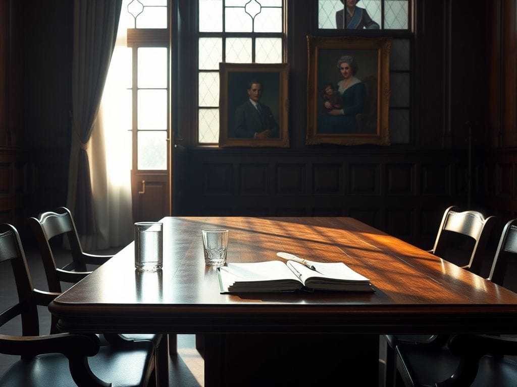 Flick International A somber courtroom scene with empty chairs and legal documents symbolizing the privacy invasion case involving Elizabeth Hurley and Prince Harry.