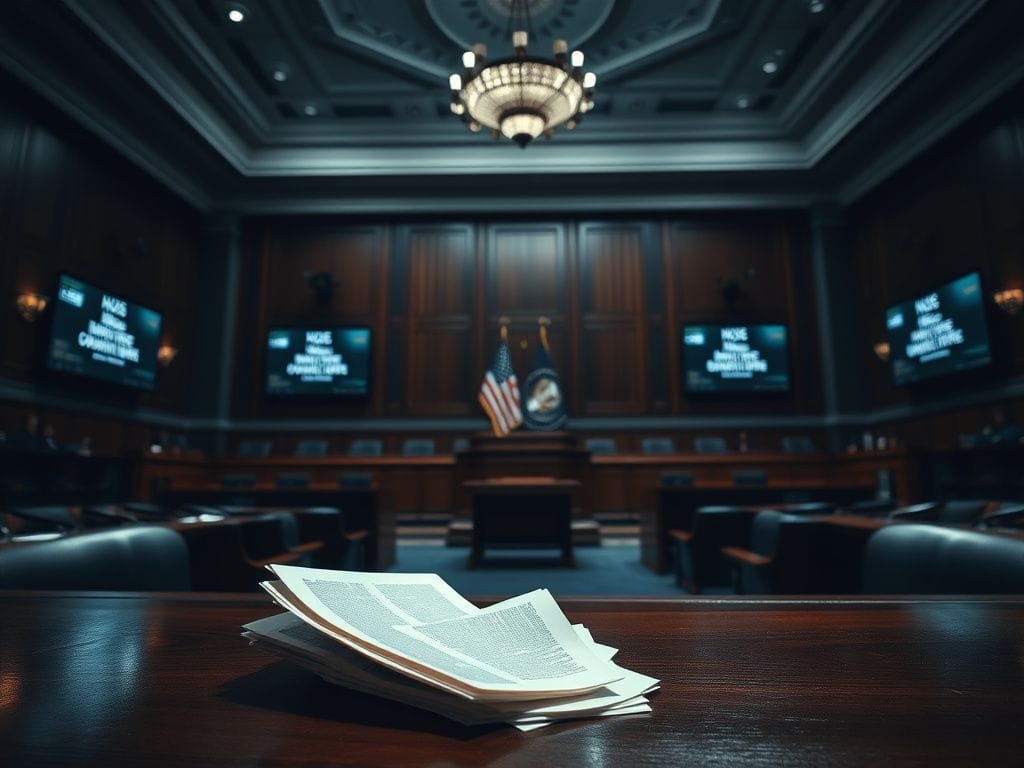 Flick International A tense congressional hearing room with shadowy rows of empty seats and a podium adorned with the American flag.