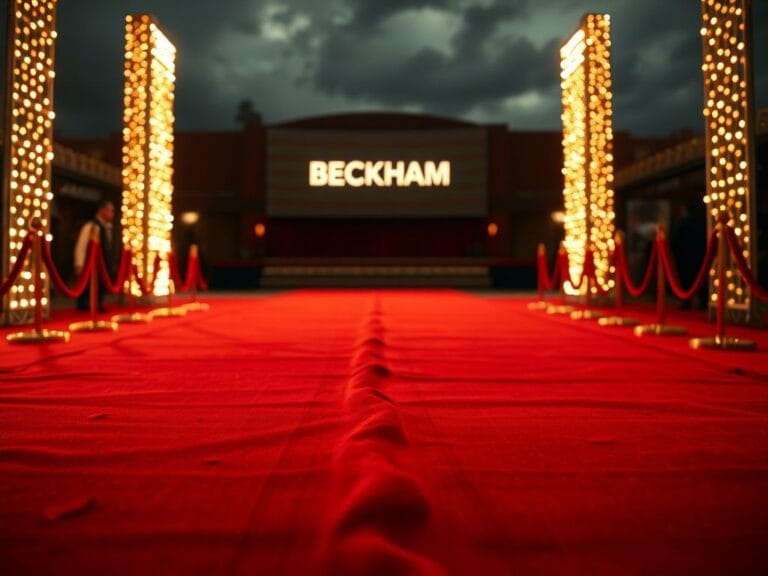 Flick International Dramatic close-up of an empty red carpet at a glamorous event with shimmering lights