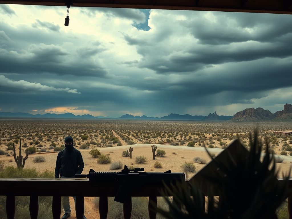 Flick International Dramatic desert landscape of Arizona with silhouettes of masked figures representing unidentifiable law enforcement