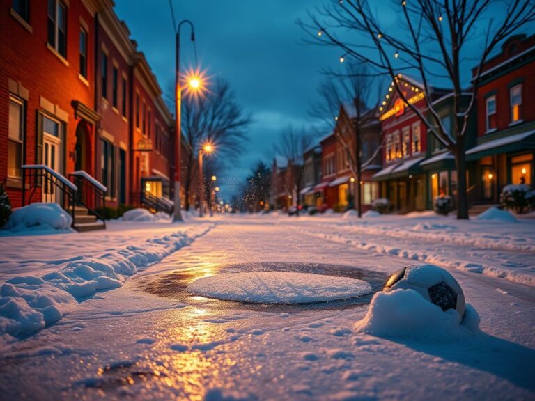 Flick International Icy sidewalk scene in Minneapolis with exaggerated ice patch and charming brick buildings