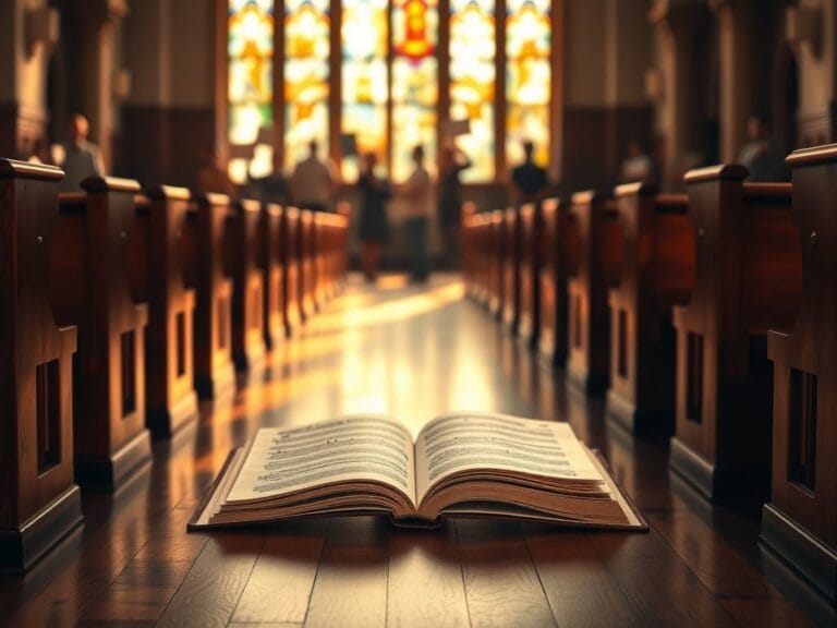 Flick International A serene church interior with an open hymn book and stained glass reflections symbolizing disruption