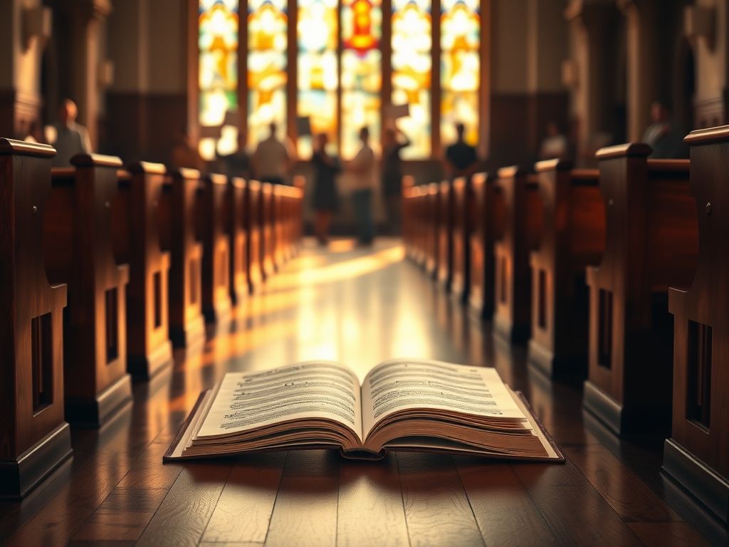 Flick International A serene church interior with an open hymn book and stained glass reflections symbolizing disruption