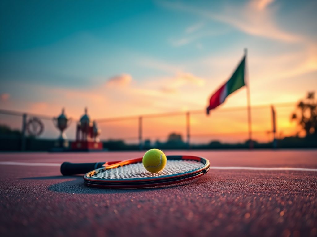 Flick International Close-up of a vibrant tennis court at dawn with a tennis racket and ball