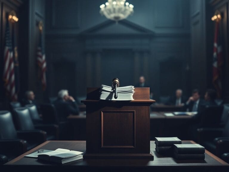 Flick International Dimly lit congressional hearing room with a witness stand and legal documents
