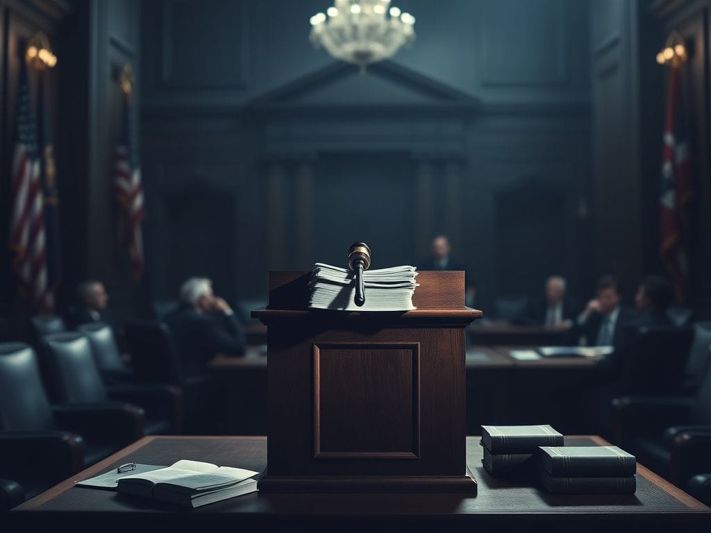 Flick International Dimly lit congressional hearing room with a witness stand and legal documents