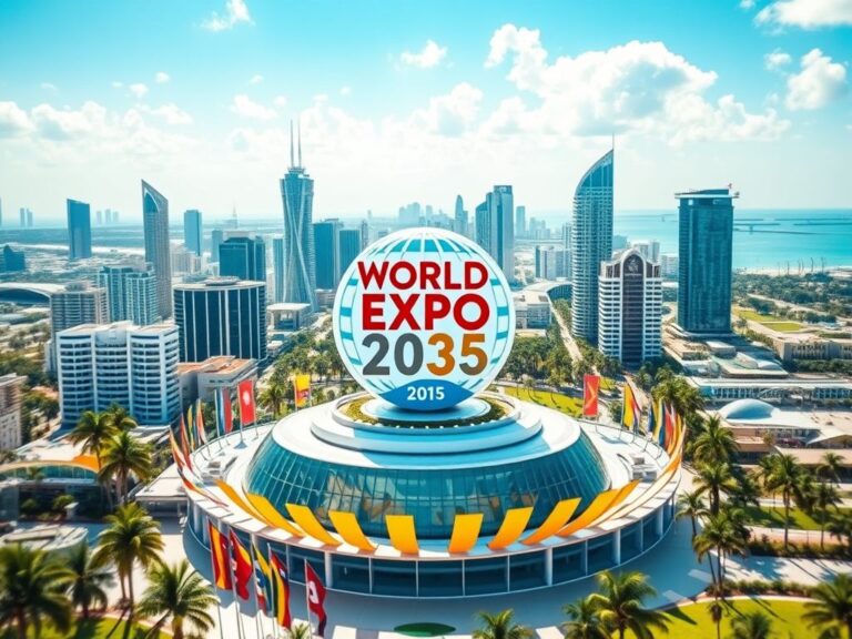 Flick International Aerial view of a futuristic Miami skyline with World Expo 2035 logo