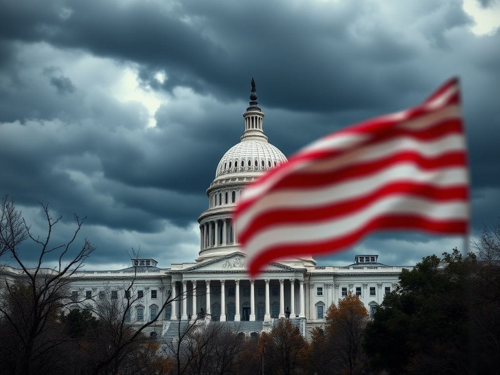 Flick International U.S. Capitol building under a stormy sky with an American flag in the foreground