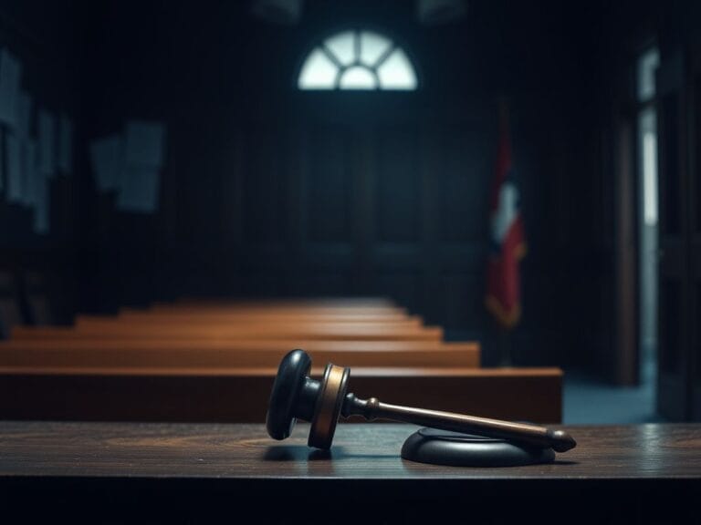 Flick International Dimly lit courtroom with empty wooden bench and gavel on judge's desk