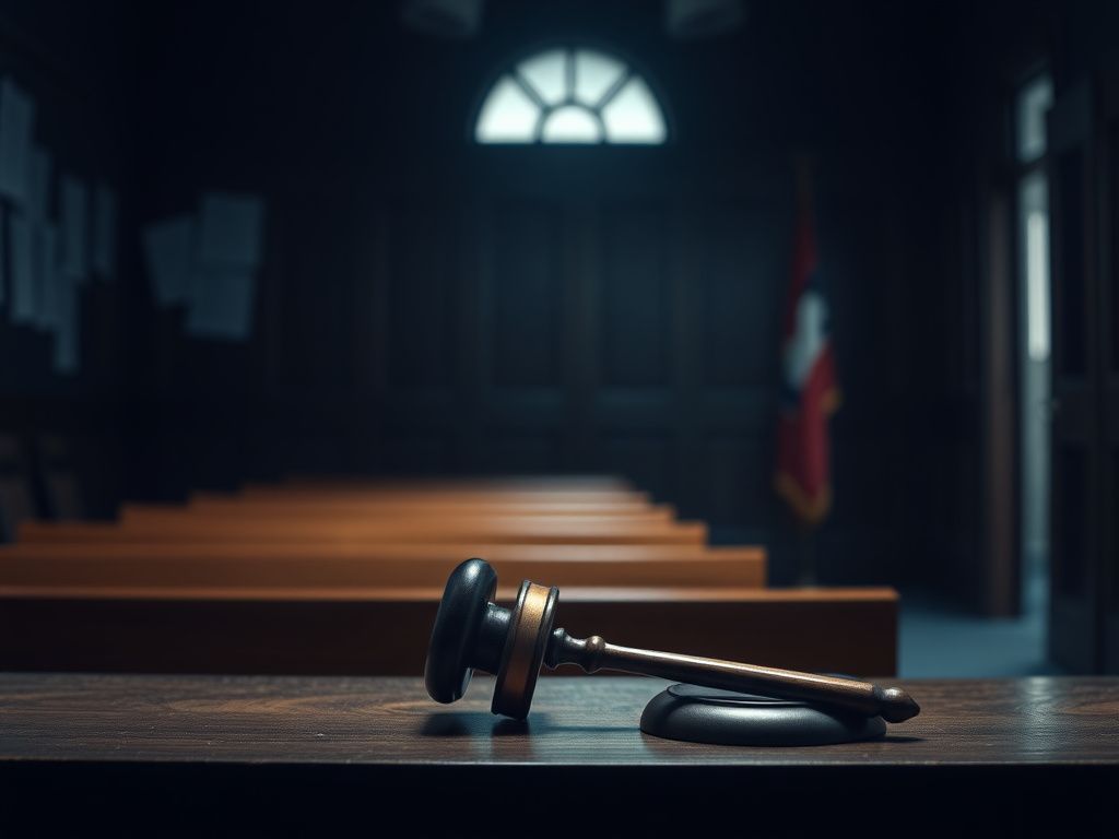 Flick International Dimly lit courtroom with empty wooden bench and gavel on judge's desk