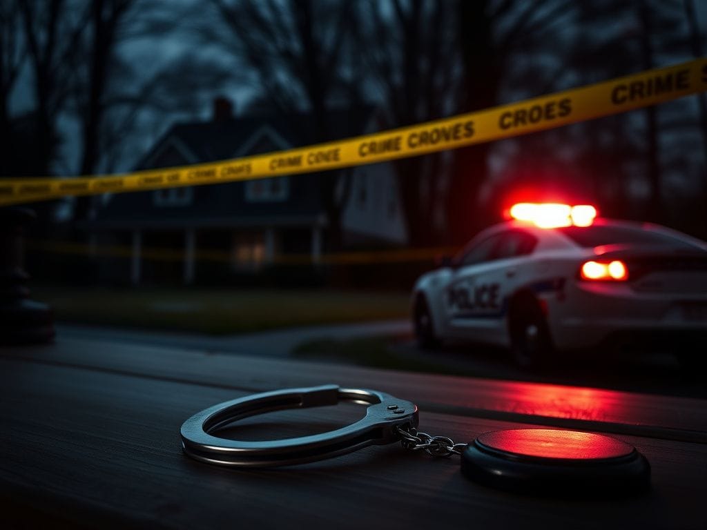 Flick International Dimly lit suburban Ohio home with police presence and handcuffs symbolizing justice
