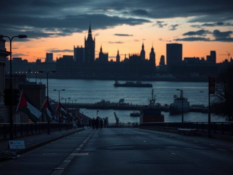 Flick International A somber cityscape of London at dusk with iconic skyline and Houses of Parliament