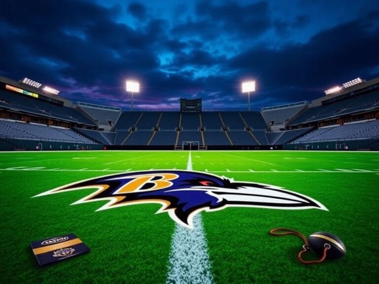 Flick International Dramatic scene of the empty Baltimore Ravens stadium at dusk with the team's logo on the field
