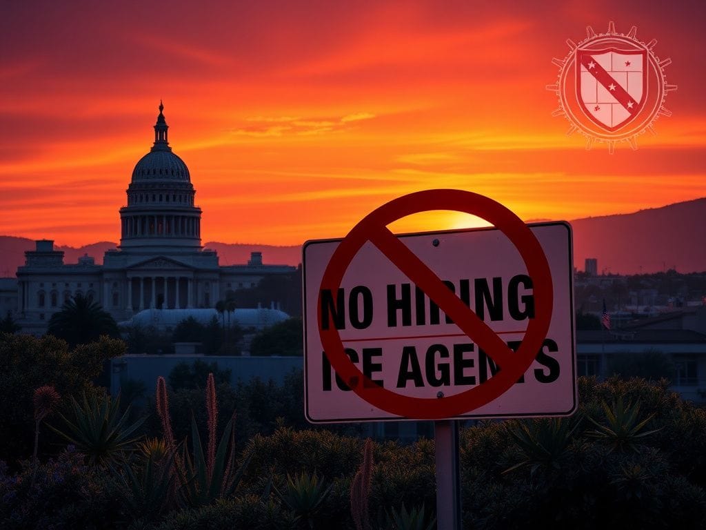 Flick International Large 'NO HIRING' sign with 'ICE AGENTS' crossed out in front of the California state capitol at sunset