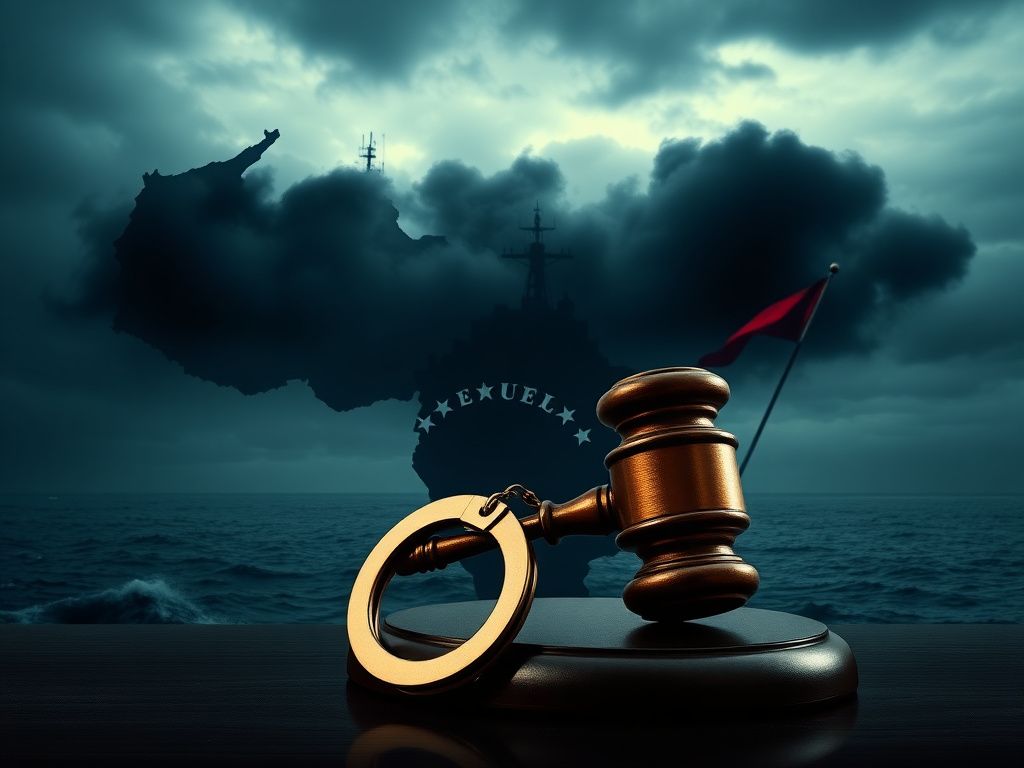 Flick International A dramatic stylized map of Venezuela with handcuffs on a gavel, symbolizing political oversight and military authority.