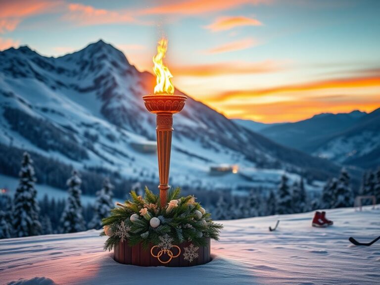 Flick International Olympic torch resting on a pedestal surrounded by snow in a winter landscape