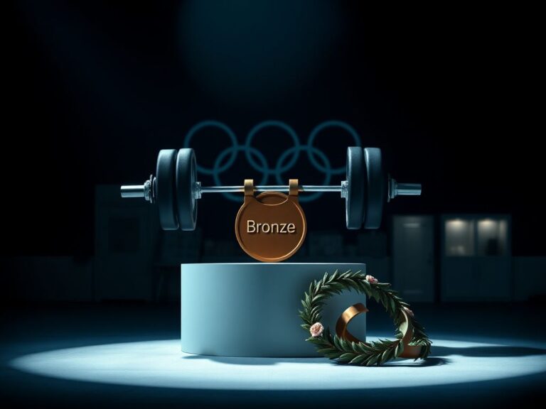 Flick International Weightlifting barbell resting on a podium with spotlight, symbolizing doping controversy