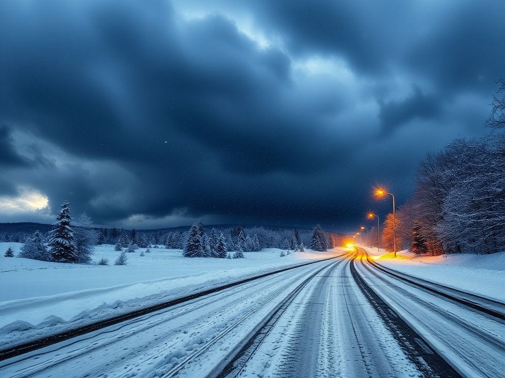 Flick International Dramatic winter landscape showcasing a powerful winter storm in progress